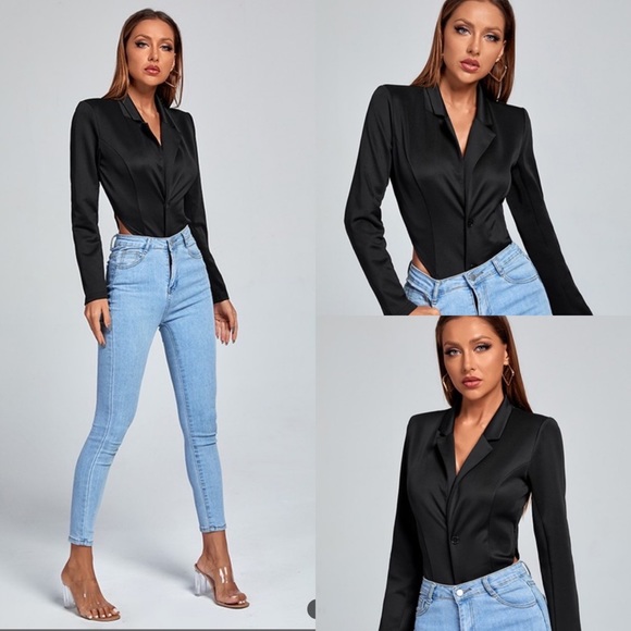 Sadie Lane Shoulder Padded V-Neck Silky Bodysuit - Picture 1 of 5